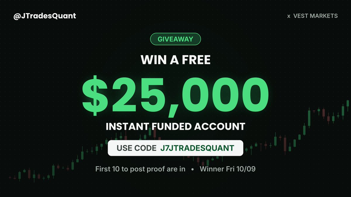 JTradesQuant's tweet photo. Monday Giveaway! 🎁 

$25K Instant Funded account 💰  

To enter: 
- Follow @JTradesQuant & @VestExchange 
- Use code J7JTRADESQUANT and buy any account
- Post proof below 
- First 10 are in  

https://t.co/BDp927ubSd  

Winner Fri 10/09 🔔  

#Giveaway #PerpFirm #Perps #Crypto #DayTrading #Trading #ad #vest