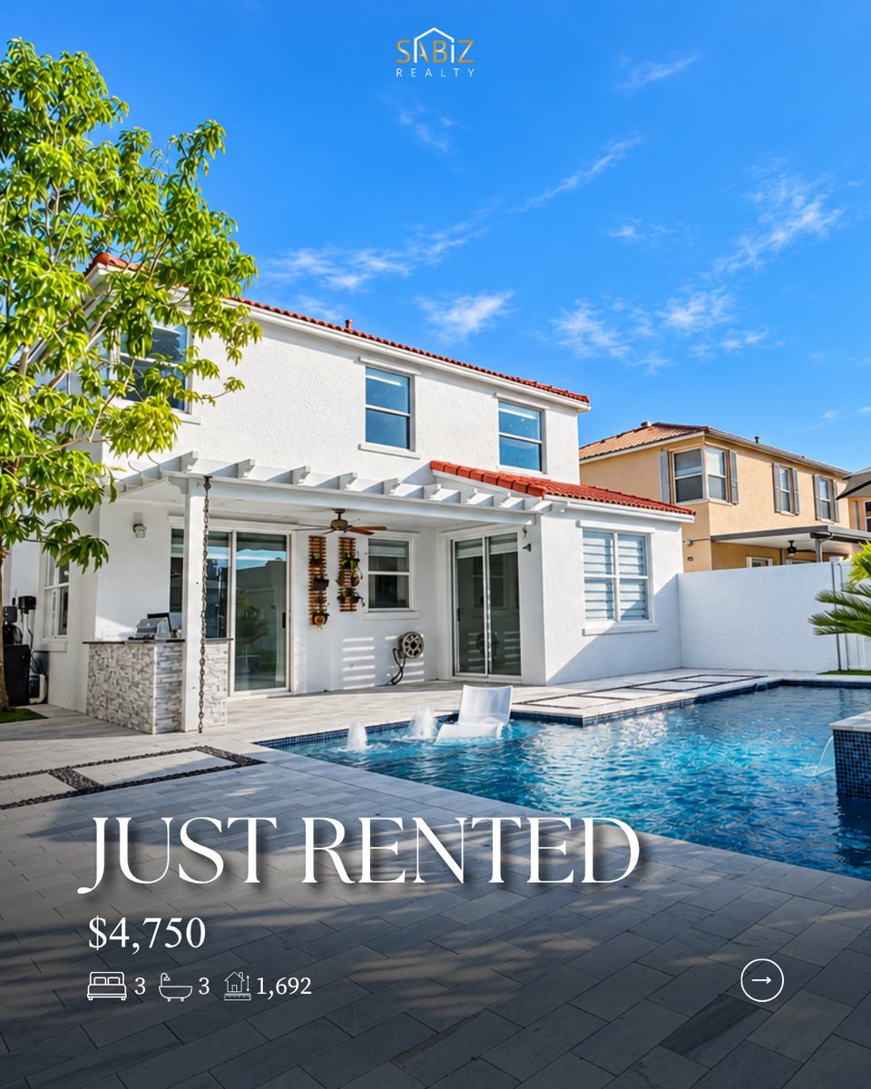 sabizrealty's tweet photo. JUST RENTED 🔑 $4,750/mo

📍 Pembroke Pines, FL
🛏️ 3 Bedrooms + Den 
🛁 3 Bathrooms 
📐 1,692 Sq Ft 
🏊 Custom Pool + Spa

¿Buscas una casa de lujo para rentar en Broward? Escríbenos. Tenemos acceso a las mejores propiedades del mercado. 📲
🌐 https://t.co/ZxESp3vqHf https://t.co/fXDDVDMvdV