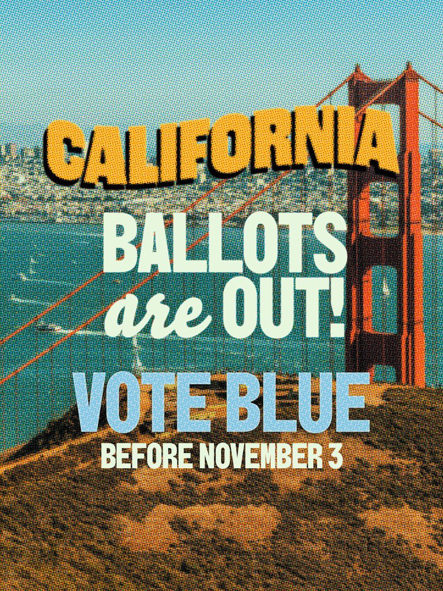 GavinNewsom's tweet photo. Ballots are OUT!

REMINDER:

➡️ Voting by mail is free, safe, and secure.

➡️ You do NOT need to show ID to vote.

➡️ It is illegal for ICE, the National Guard and the military to go to the polls.

➡️ If you've changed your name from your maiden name, you can still vote.

➡️ If you vote by mail, drop your ballot at least a week before Election Day.

Let's take back our power.

VOTE BEFORE NOVEMBER 3.