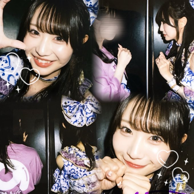 A collage photo of a young woman with dark hair and bangs posing in a blue and white patterned outfit with heart sparkle filter decorations.