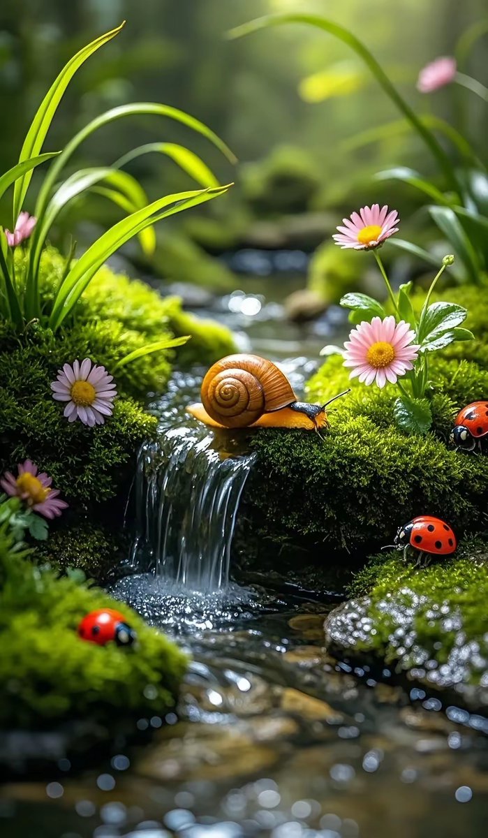 SamRobl33029454's tweet photo. A cozy scene by the fish pond, the curious snail explores the wood structure, what a lovely quiet moment!， https://t.co/JQ9UJ2vtot
