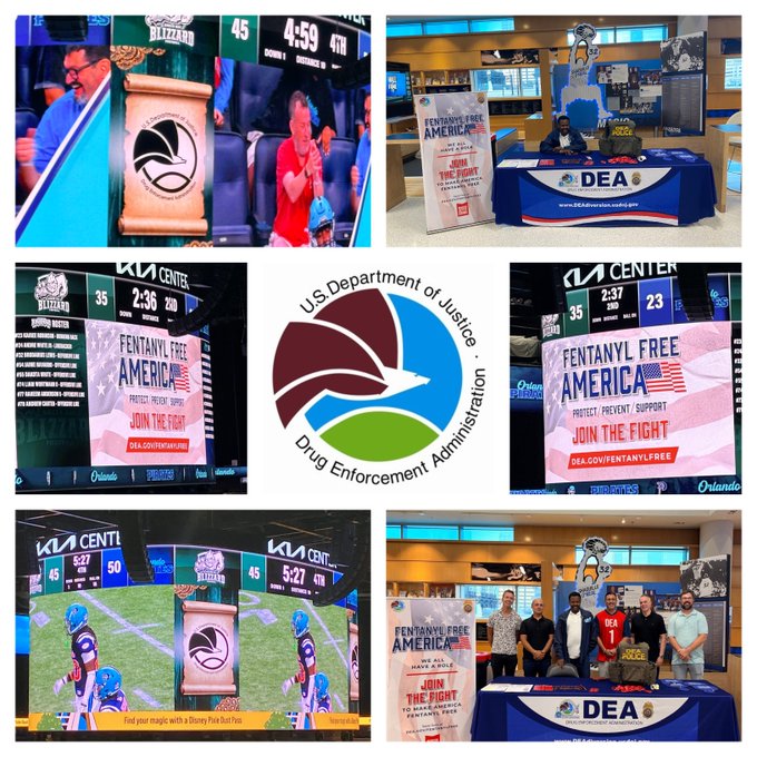 DEATAMPA's tweet photo. DEA Tampa Field Division agents and support staff teamed up with indoor football team the Orlando Pirates to spread the Fentanyl Free America message during Military Appreciation Night and First Responders Night. @DEAHQ @TheJusticeDept #FentanylFreeAmerica https://t.co/EW93YVu4oX