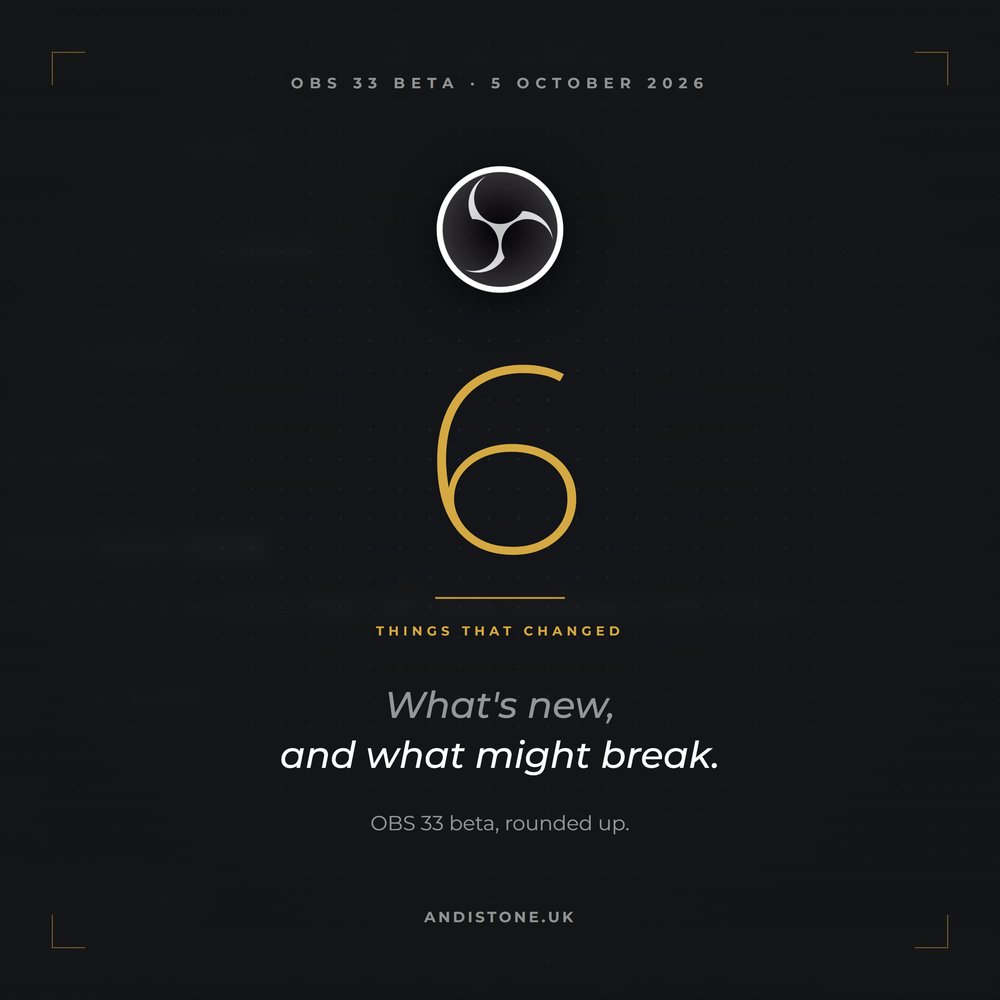 Andi_Stone's tweet photo. 6 things that changed in OBS 33, rounded up.

Your plugins have moved, some won't load yet, and the preview finally snaps properly.

Anyone actually running the beta on their main setup yet? https://t.co/BOz2JlzWxP