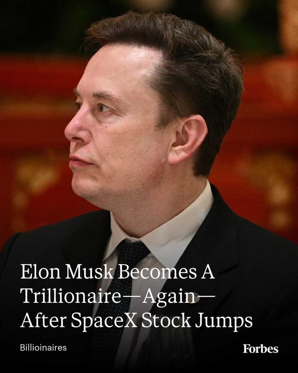 Forbes's tweet photo. Elon Musk’s net worth topped $1 trillion Monday morning as stocks for his companies SpaceX and Tesla climbed after the stock market opened.
Read more: https://t.co/zj5LlsPQPe
📸: Brendan Smialowski/AFP via Getty Images https://t.co/tBTXzSBgiA