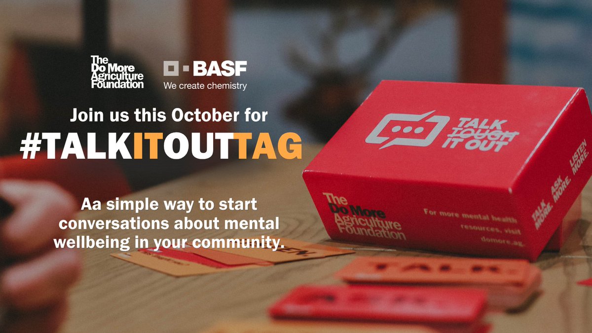 domoreag's tweet photo. Throughout October, World Mental Health Awareness Month, we're teaming up with @BASFAgSolutions for Talk It Out Tag — a simple way to start conversations about mental wellbeing in your community.

Here's how it works: grab a Talk It Out Tag card deck from the Do More Ag shop or use one of our digital conversation prompts, tag someone in your community, start a conversation about mental wellbeing, and then pass it on and keep it going.

Want to join in? Head to @domore.ag's bio to get a card deck, access the digital prompts, and find the simple guidelines for participating.

Who will you tag?