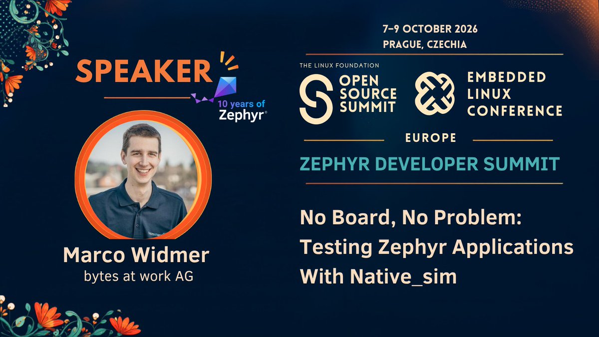 ZephyrIoT's tweet photo. No board, no problem: join Marco Widmer of bytes at work AG at the Zephyr Developer Summit in Prague to explore testing with native_sim, hardware emulation, debugging, and CI integration. https://t.co/XrJRYQ5p4C https://t.co/QQttuzGH4B