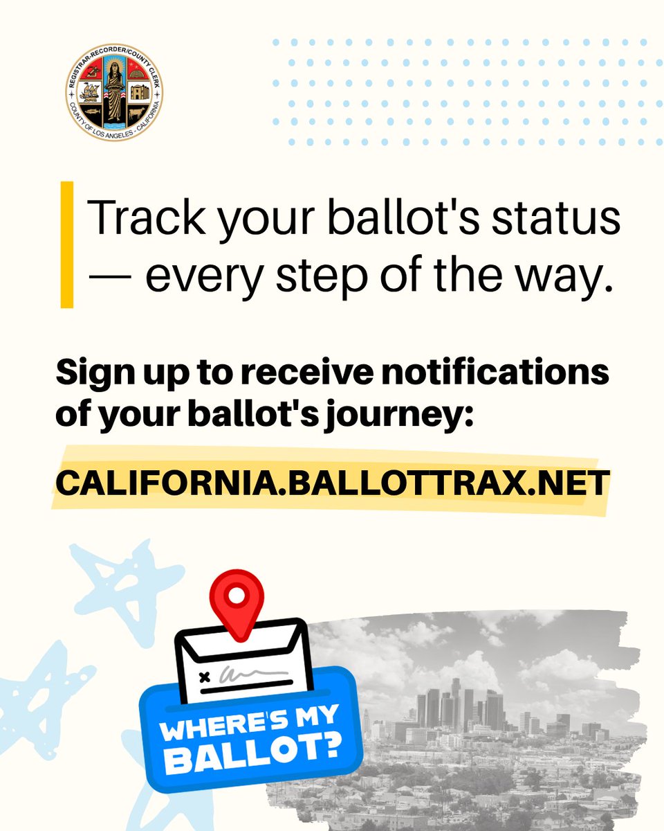 LACountyRRCC's tweet photo. Stay in the know with one simple step. BallotTrax notifies you of your ballot's status, so all you have to worry about is voting.
Sign up to receive notifications at https://t.co/gSzTVH39L0 https://t.co/2waa6Oy1SW