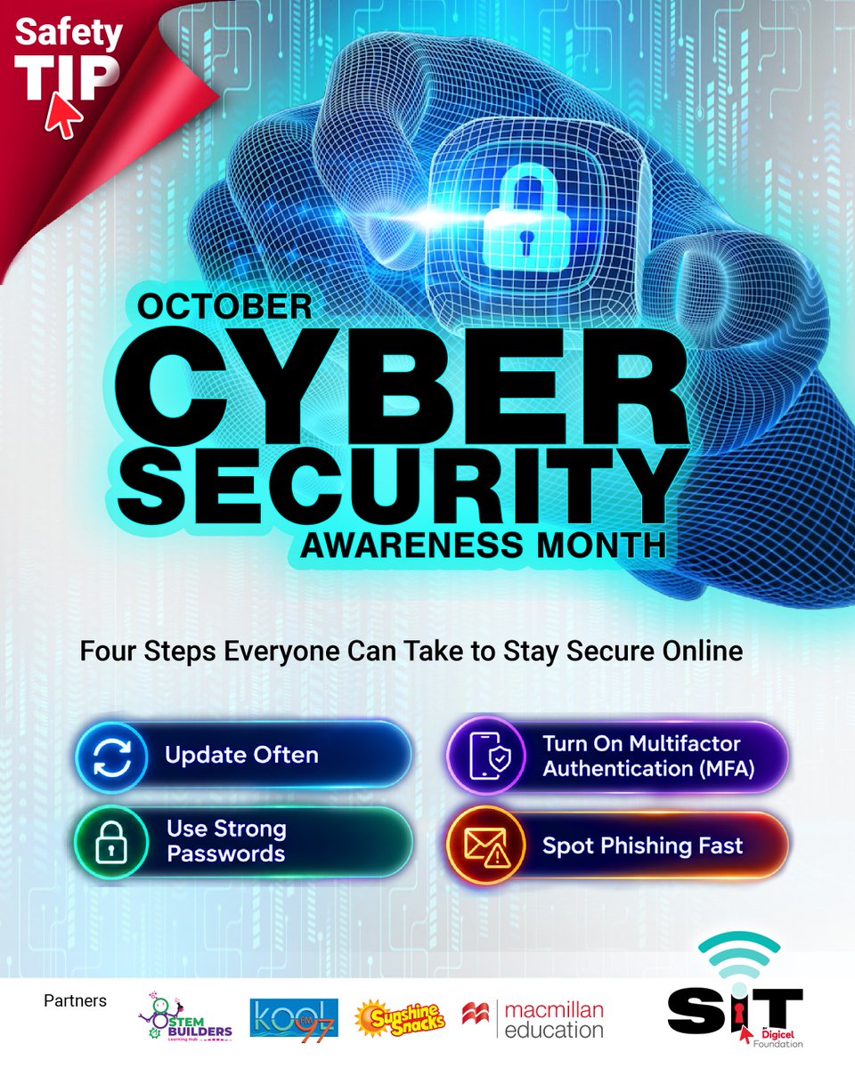 DigicelFdnJA's tweet photo. This #CybersecurityAwarenessMonth, take control of your digital safety. From securing your passwords to recognising phishing scams, small changes can make a massive difference in keeping our systems safe. #SaferInternetTogether #DigicelFoundation https://t.co/ZzdXUNonBD