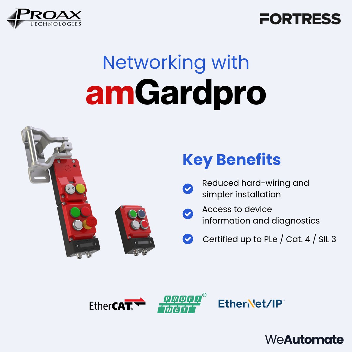 ProaxTech's tweet photo. Fortress amGardpro + proNet connects safety interlocks &amp; control pods to major industrial networks, less wiring, faster installs, built-in diagnostics. Certified to PLe / Cat.4 / SIL3. https://t.co/le5RO8BAKz