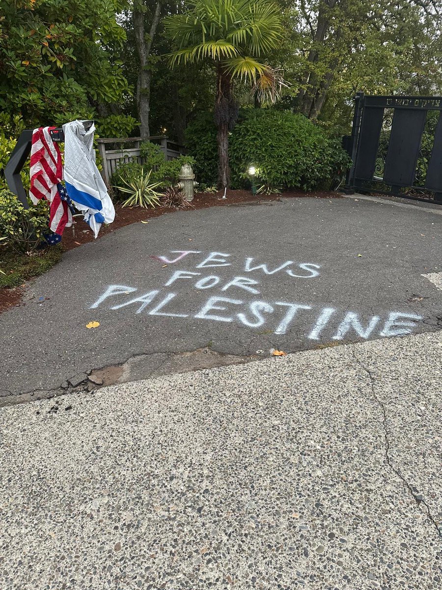 thehoffather's tweet photo. BREAKING: Anti Israel activists targeted a Jewish home in Seattle. The radicals tore down the family's American and Israeli flags and hung a Palestinian flag instead. They also vandalized the driveway

This was the same home targeted during the Macklemore concert during which he said "f*** America."

This is the latest case of increasing antisemitic and anti-Israel activism in Seattle in the lead up to the 3 year anniversary of the Oct 7 massacre