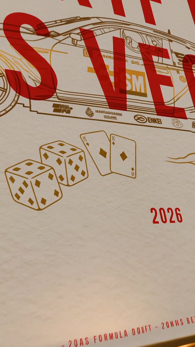 A close-up of printed material showing 'SAUVE...' text in red, an illustration of dice and playing cards, a Formula Drift racing car graphic with 'BSM', 'Enkei', and 'Anniversary Subaru' logos, and '2026' printed below.