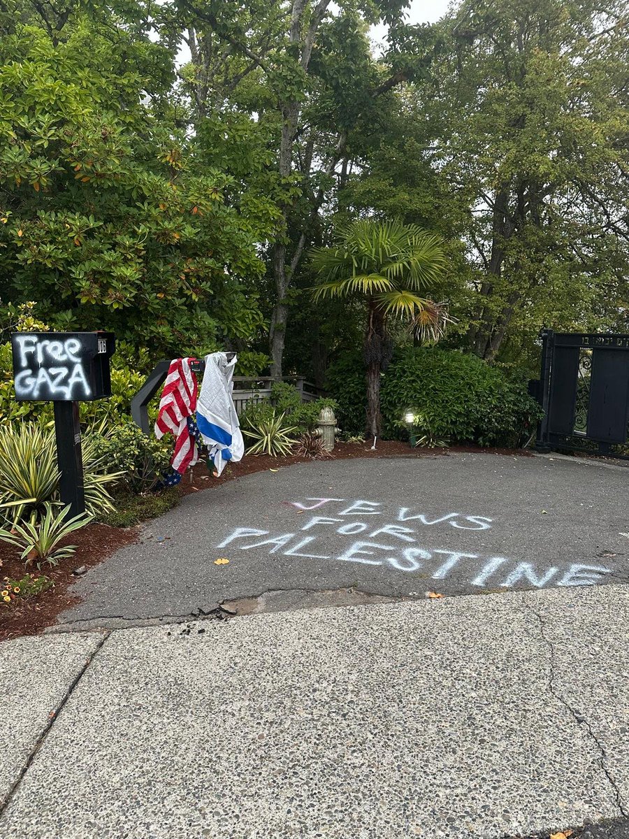 thehoffather's tweet photo. BREAKING: Anti Israel activists targeted a Jewish home in Seattle. The radicals tore down the family's American and Israeli flags and hung a Palestinian flag instead. They also vandalized the driveway

This was the same home targeted during the Macklemore concert during which he said "f*** America."

This is the latest case of increasing antisemitic and anti-Israel activism in Seattle in the lead up to the 3 year anniversary of the Oct 7 massacre
