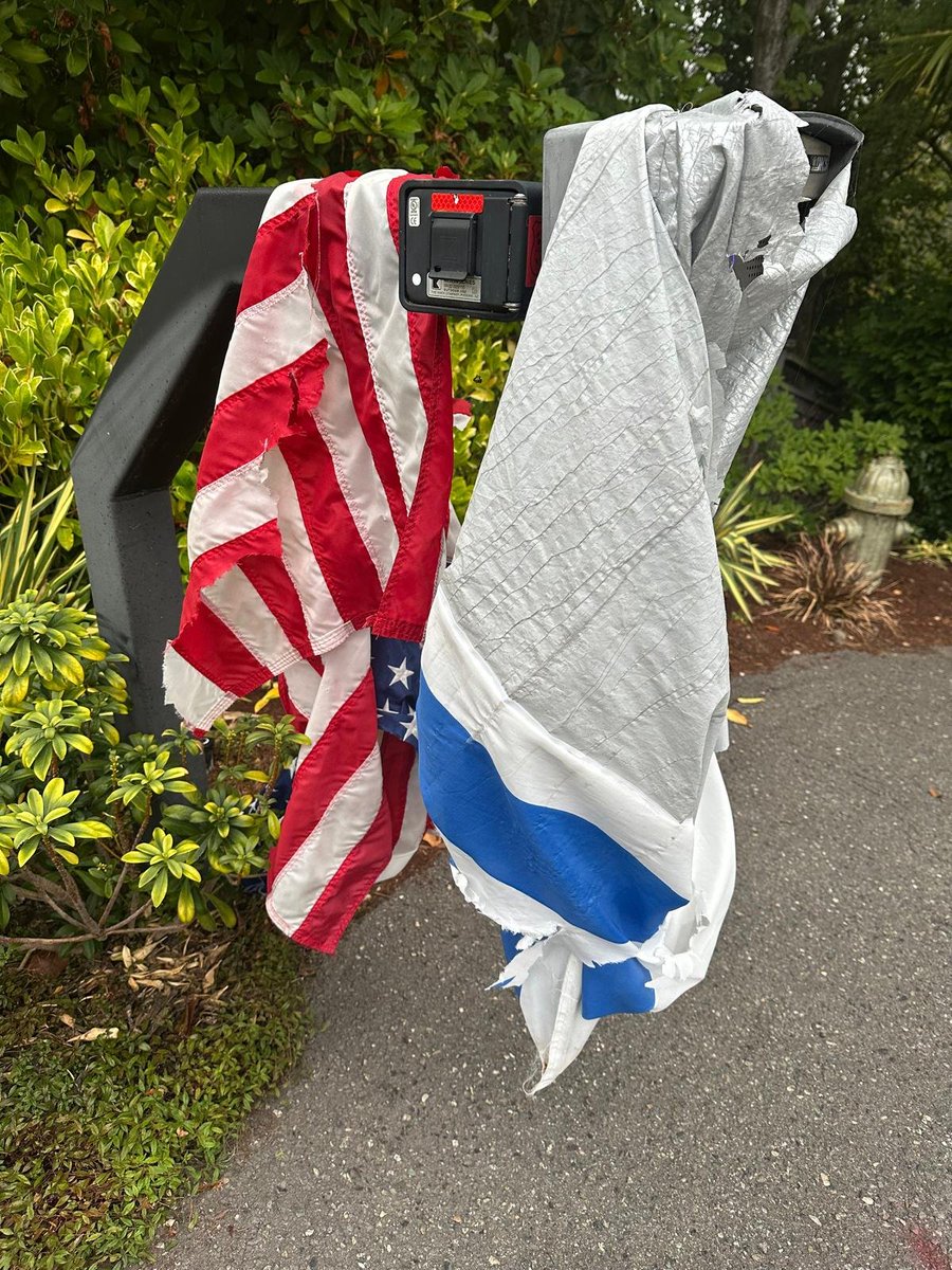 thehoffather's tweet photo. BREAKING: Anti Israel activists targeted a Jewish home in Seattle. The radicals tore down the family's American and Israeli flags and hung a Palestinian flag instead. They also vandalized the driveway

This was the same home targeted during the Macklemore concert during which he said "f*** America."

This is the latest case of increasing antisemitic and anti-Israel activism in Seattle in the lead up to the 3 year anniversary of the Oct 7 massacre