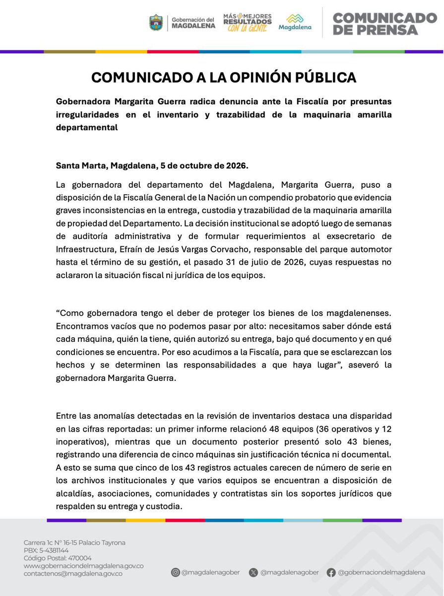 mmarguiguerra's tweet photo. Me comprometí a cuidar cada peso de los magdalenenses y lo estoy cumpliendo. Denunciamos penalmente ante la @FiscaliaCol al exsecretario de Infraestructura, Efraín Vargas, por la pérdida de maquinaria amarilla que estuvo bajo su responsabilidad. https://t.co/HHe2YZqzAD