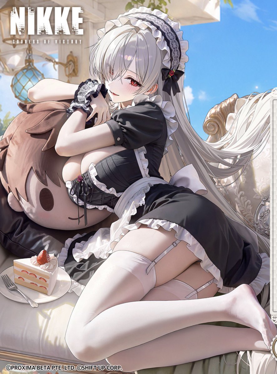 CallMeMocaX's tweet photo. Cinderella looks absolutely stunning as always.  The stockings, the garter and the thigh squish.  The way her hair flows with the hair piece.  The boobs pressed together.  Every detail is as beautiful as she is.  I’m also glad the team chose to keep the big head Commander plush.  #NIKKE