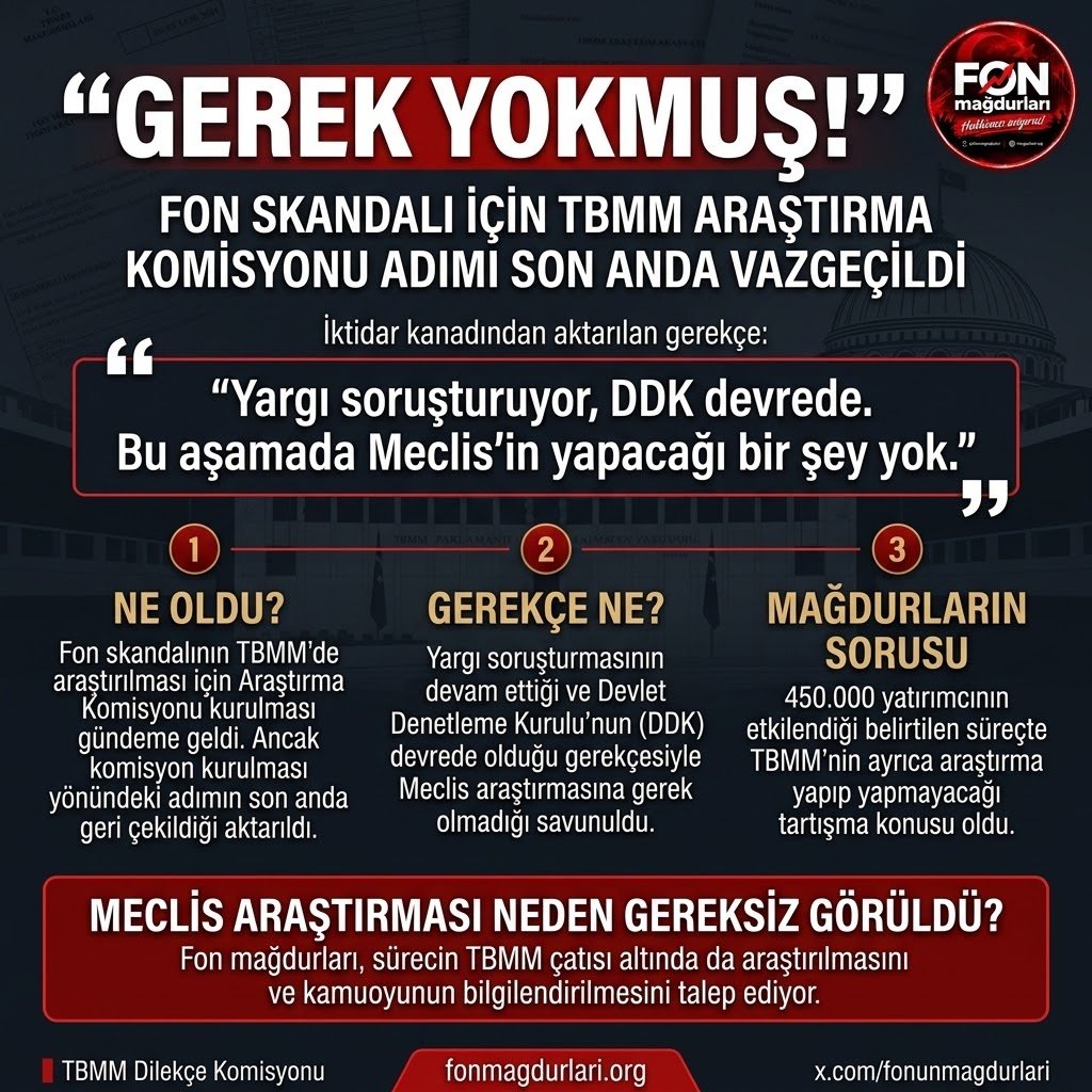 fonunmagdurlari's tweet photo. 🚨 "GEREK YOKMUŞ!" | 450.000 İNSANIN PARASI GASP EDİLDİ AMA MECLİS'İN ARAŞTIRMASINA "GEREK YOKMUŞ"! İktidar, fon skandalının araştırılması için TBMM'de Araştırma Komisyonu kurma adımından SON ANDA VAZGEÇTİ!
Gerekçe olarak ne dediler biliyor musunuz?

💬 "Yargı soruşturuyor, DDK devrede. Bu aşamada Meclis'in yapacağı bir şey yok, gerek yokmuş..."

⚖️ FON MAĞDURLARI OLARAK SORUYORUZ: 
1️⃣ 450.000 masum tasarruf sahibinin anaparası sıfırlanırken Meclis araştırmayacak da kim araştıracak? 
2️⃣ Fonların içinden 21,8 Milyar TL batık hisse basılıp paralar yurt dışına virmanlanırken Meclis'in yapacağı bir şey yok mu? 
3️⃣ Adı geçen siyasiler "Konuşursam herkesi yakarım" diye birbirini tehdit ederken, bu skandalın Meclis çatısı altında aydınlatılmasından KİM, NEDEN KORKUYOR?

Milletin kürsüsünü milletin soyulan parasına kapatamazsınız!

🏛️ EYLEM ÇAĞRISI: Madem Meclis komisyon kurmaktan kaçıyor, o zaman 593 milletvekilinin e-posta kutusunu ve TBMM Dilekçe Komisyonu'nu biz dolduruyoruz!

🔗 593 Vekile Tek Tıkla Mail Atın & TBMM E-Dilekçesini İmzalayın: 
👉 https://t.co/h2nw1gu7vN

#FonMağdurları #HepimizeAnapara #HalkBuradaSpkNerede #1MilyonÇözümDeğil #1MilyonÜstüAnapara #HalkBuradaSpkNerede #AnaParaYoksaGuvenYok #TLY
@memetsimsek
@spkgovtr