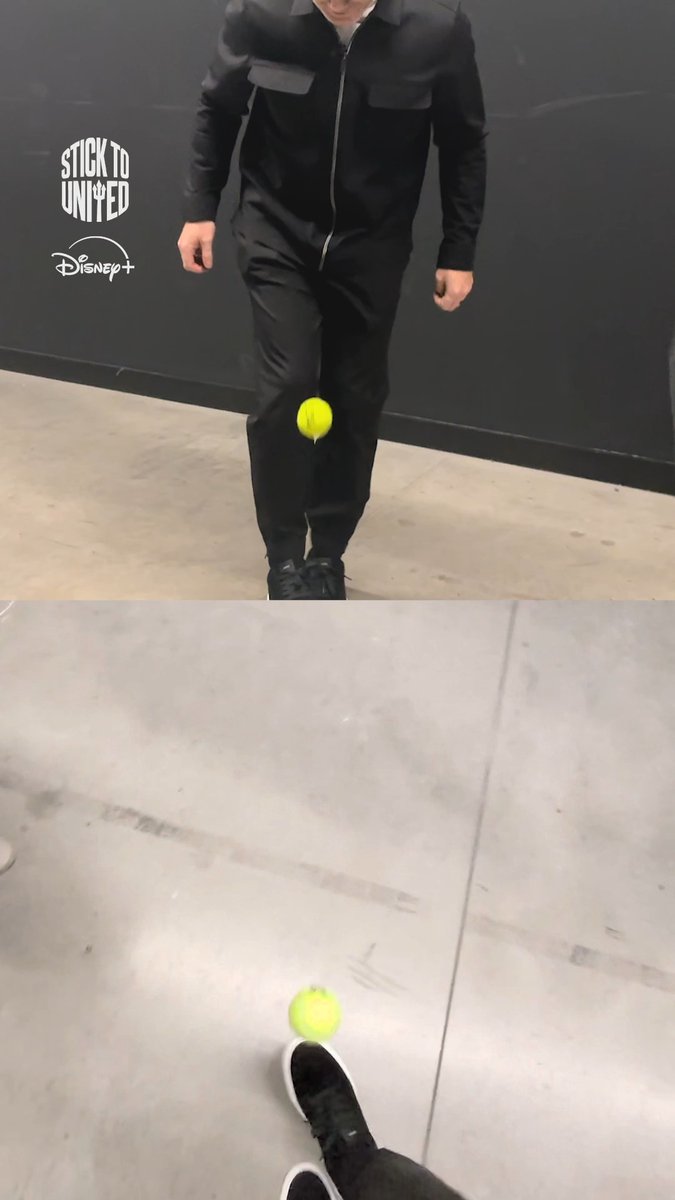 A two-panel video still showing a person in a black jumpsuit bouncing a tennis ball off their knee with 'STICK TO UNITED' and Disney+ logos visible, followed by a point-of-view shot of the ball bouncing off their sneaker.