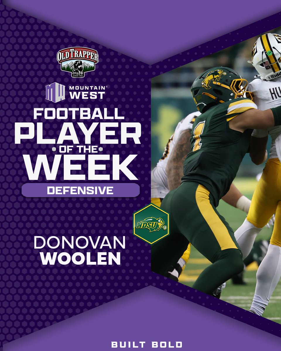 MountainWest's tweet photo. 𝗗𝗲𝗳𝗲𝗻𝘀𝗶𝘃𝗲 𝗣𝗹𝗮𝘆𝗲𝗿 𝗼𝗳 𝘁𝗵𝗲 𝗪𝗲𝗲𝗸 ➡️ 𝗗𝗼𝗻𝗼𝘃𝗮𝗻 𝗪𝗼𝗼𝗹𝗲𝗻 

Earns the honor for a second time this season after leading a @NDSUfootball defense that shut out Wyoming 28-0 in the Bison’s first home Conference contest, recording a team-high 9 tackles, including 1.5 tackles for a loss, 1.0 sacks and an interception. The pick came on the first play from scrimmage and set up the Bison’s first touchdown five plays later. 

#MWFB | #BuiltBold | @OldTrapper | @NDSUfootball
