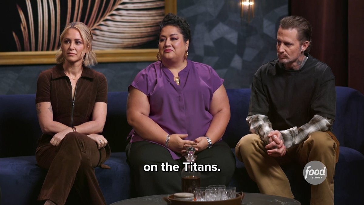 Image 6: Three people sitting on a blue couch on what appears to be the Food Network show "24 in 24: Last Chef Standing," with a subtitle reading "on the Titans."