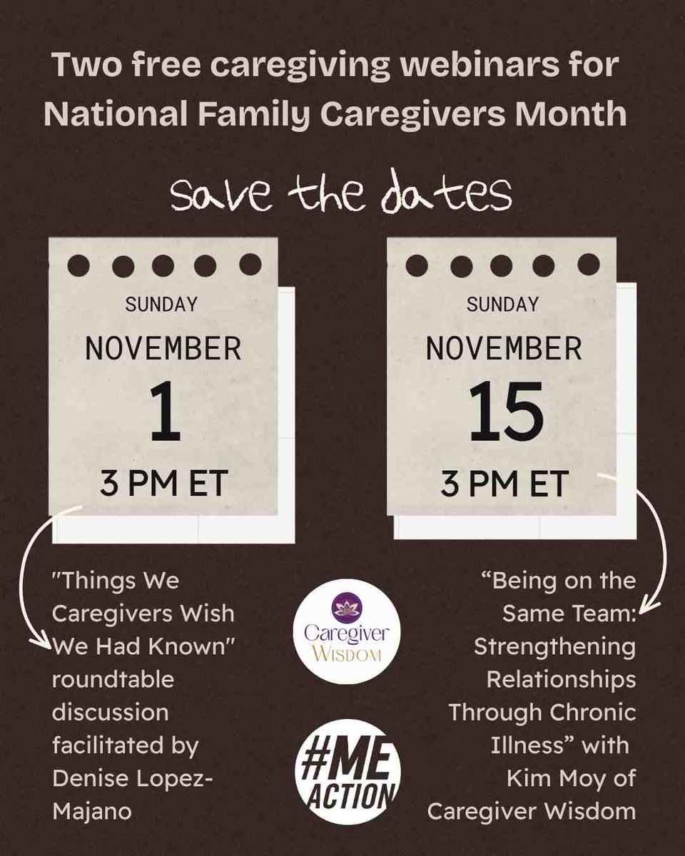 MEActNet's tweet photo. Two new webinars from Denise Lopez- Majano &amp; Kim Moy! 

"Things We Caregivers Wish We Had Known" w/ Denise on Nov. 1 at 3pm ET.

“Being on the Same Team: Strengthening Relationships Through Chronic Illness” w/ Kim on Nov. 15 at 3 pm ET.
 
Registration coming soon! https://t.co/scVsMMSgBC