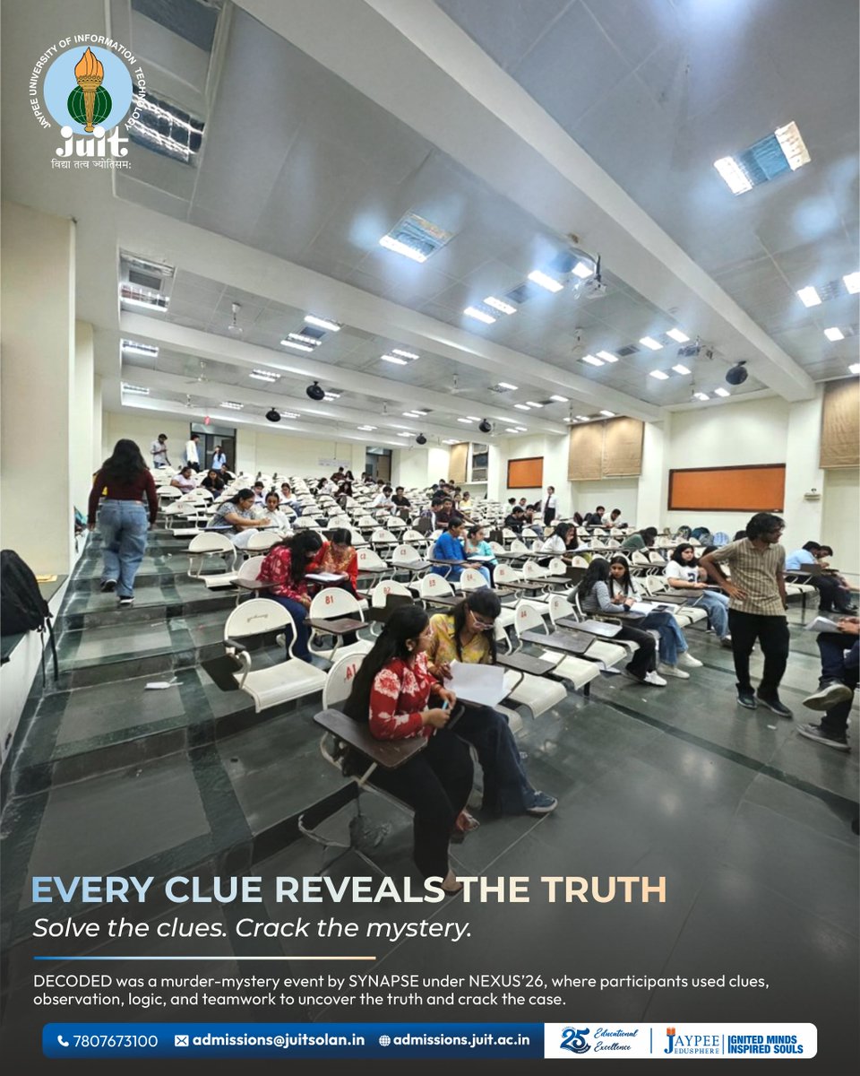 JuitWaknaghat's tweet photo. From hidden clues to sharp teamwork, students dived into the ultimate test of logic at DECODED (SYNAPSE, NEXUS'26)🕵️♂️🧩.
#juit https://t.co/R3KhxQMBU4