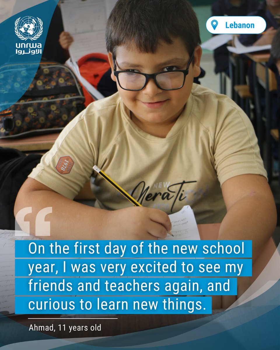 UNRWA's tweet photo. Back to school! In #Lebanon, UNRWA welcomes back over 35,000 #Palestine Refugee students to our 59 schools. 

UNRWA remains the main provider of education for the Palestine Refugee community in Lebanon. 

Education is more than learning. It is protection, resilience and hope. 

Every child deserves the opportunity to learn, grow and thrive. 

#UNRWAworks #FundUNRWA