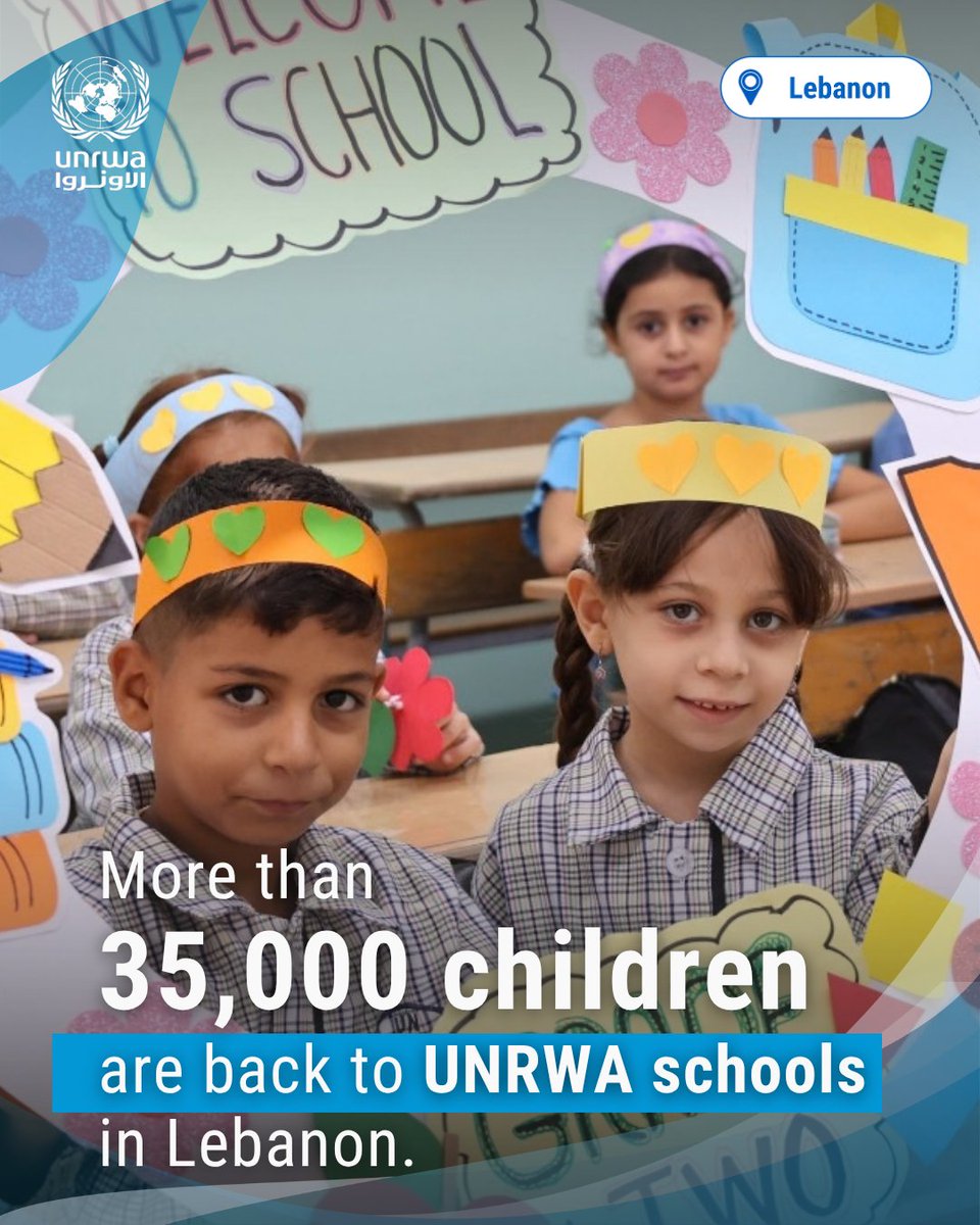 UNRWA's tweet photo. Back to school! In #Lebanon, UNRWA welcomes back over 35,000 #Palestine Refugee students to our 59 schools. 

UNRWA remains the main provider of education for the Palestine Refugee community in Lebanon. 

Education is more than learning. It is protection, resilience and hope. 

Every child deserves the opportunity to learn, grow and thrive. 

#UNRWAworks #FundUNRWA