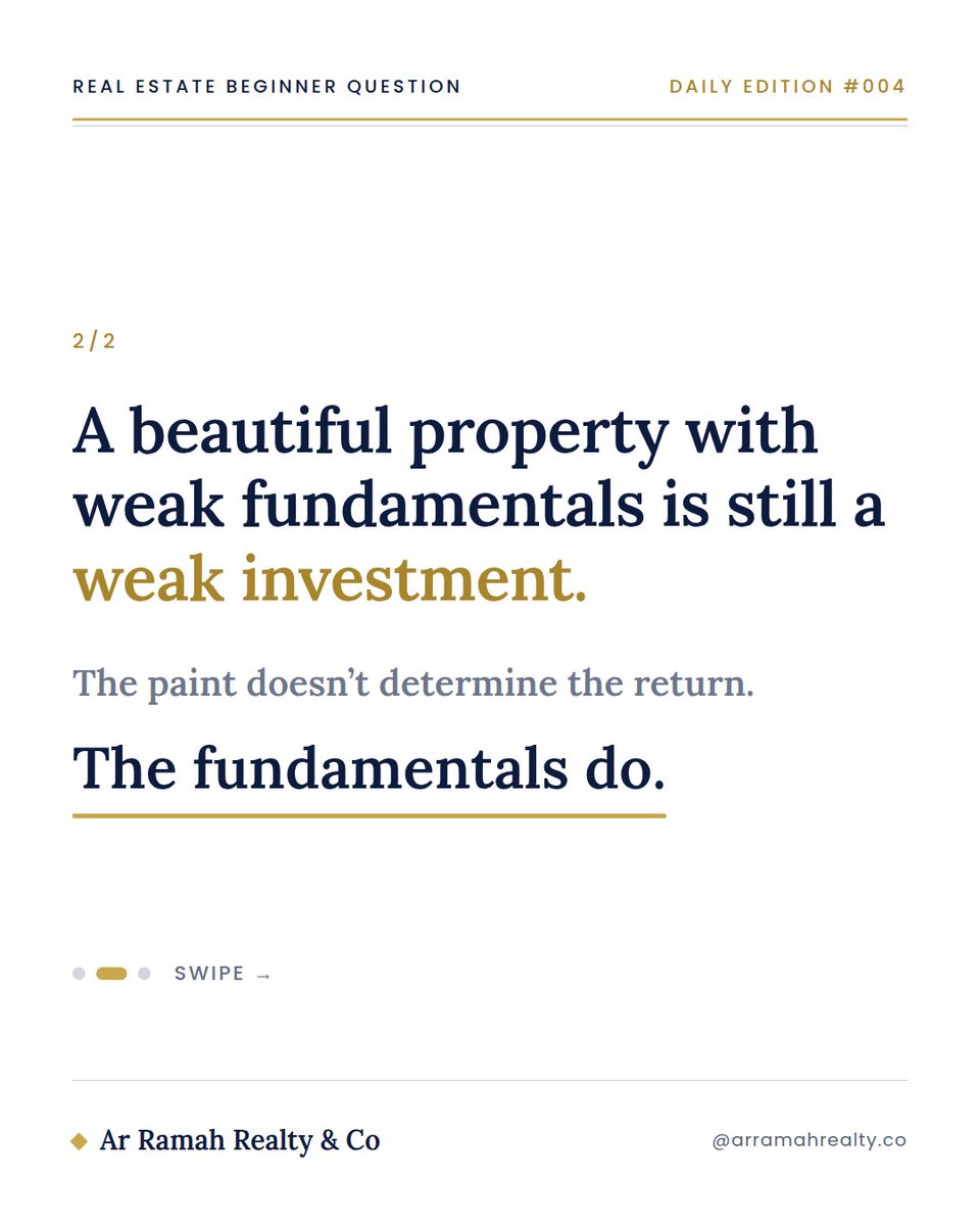 arramahrealty's tweet photo. A beautiful property can still be a bad investment.

Before you buy, ask:

Is the location right? Is the price justified? Is there real demand? Is the documentation sound?

The building attracts you. The fundamentals determine the investment.

#RealEstate #PropertyInvestment https://t.co/xvtgoN7Cau