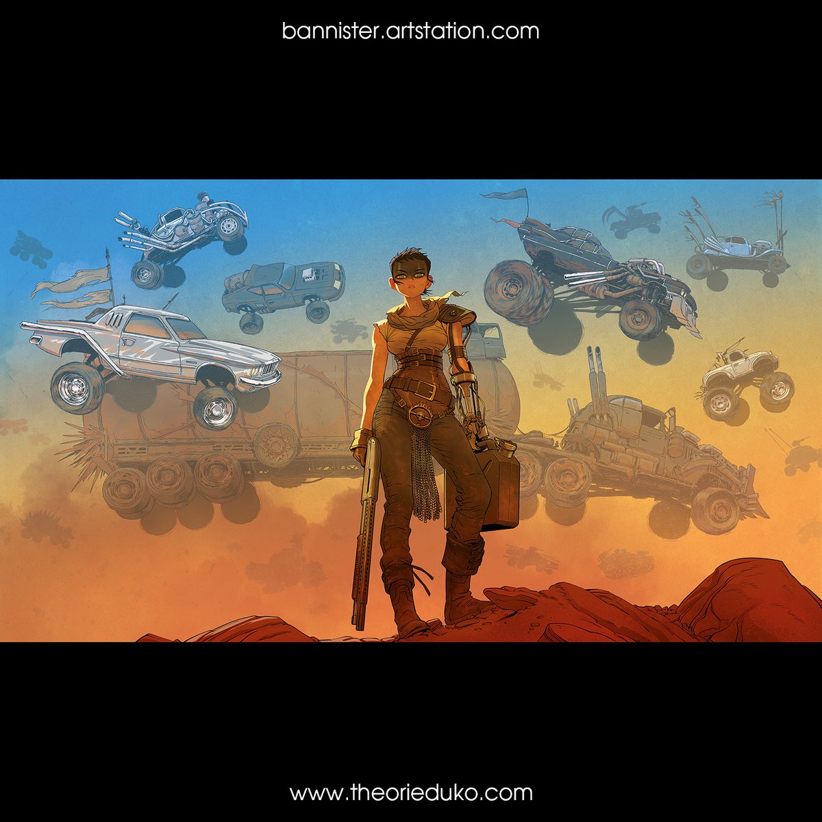 bannister01's tweet photo. Une collab faite avec Mathieu Reynes sur une grande illustration Furiosa. Il s'est occupé du personnage et moi des véhicules.

Format A2, sur un papier 300gr.
Pour l'acquerrir, c'est ici https://t.co/q2UCM7ioAs

#furiosa #madmax #furyroad #print #madmaxfuryroad #postapocalyptic https://t.co/K2vRc6fJNd