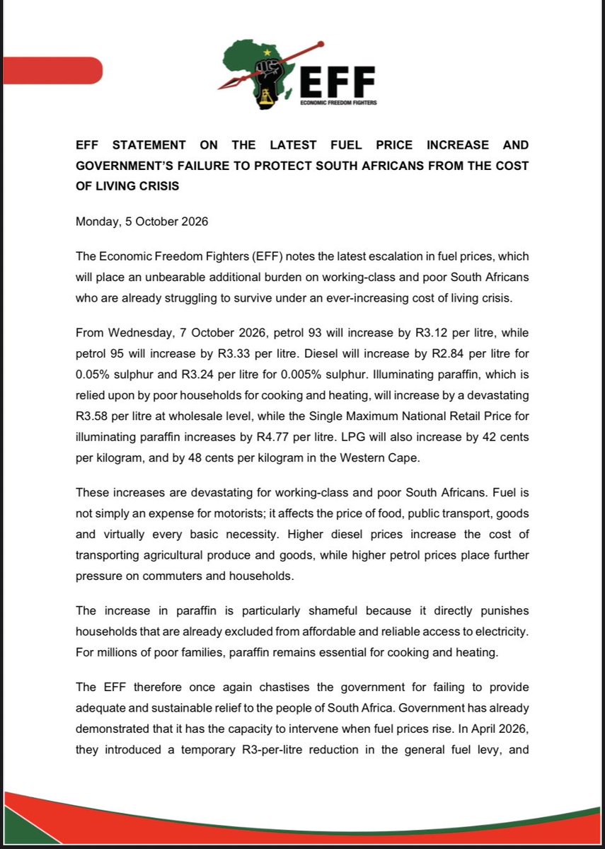 EFFSouthAfrica's tweet photo. The EFF’s Statement on the Latest Fuel Price Increase and Government’s Failure to Protect South Africans From the Cost of Living Crisis 

-The EFF therefore once again chastises the government for failing to provide adequate and sustainable relief to the people of South Africa. Government has already demonstrated that it has the capacity to intervene when fuel prices rise. In April 2026, they introduced a temporary R3-per-litre reduction in the general fuel levy, and subsequently extended relief into May and June. However, this relief was phased out, leaving households exposed to renewed fuel-price shocks.