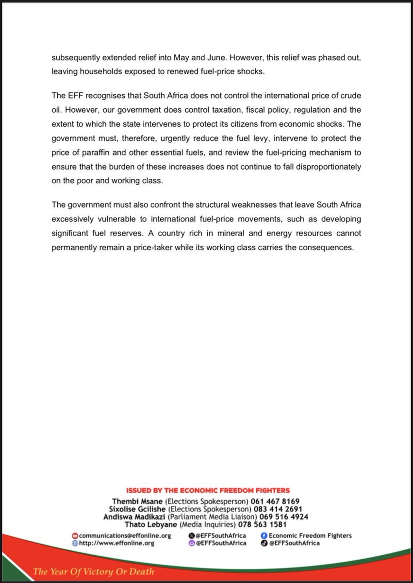 EFFSouthAfrica's tweet photo. The EFF’s Statement on the Latest Fuel Price Increase and Government’s Failure to Protect South Africans From the Cost of Living Crisis 

-The EFF therefore once again chastises the government for failing to provide adequate and sustainable relief to the people of South Africa. Government has already demonstrated that it has the capacity to intervene when fuel prices rise. In April 2026, they introduced a temporary R3-per-litre reduction in the general fuel levy, and subsequently extended relief into May and June. However, this relief was phased out, leaving households exposed to renewed fuel-price shocks.