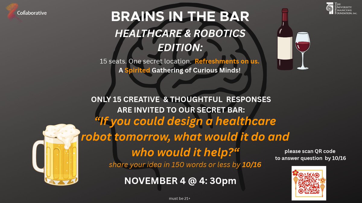 TechSqATL's tweet photo. It's time for the second edition of Brains in the Bar.  🍻

We'll send 15 invitations for this exclusive event, based on submissions to this edition's question. The people who submit the most creative and thoughtful responses will be invited to a secret location to share their ideas with other curious minds and enjoy refreshments. 

This edition's question is, "If you could design a healthcare robot tomorrow, what would it do and who would it help?" 🩺

🗓️ The deadline to submit your 150-word response is 10/16. Send us your ideas here: https://t.co/LJAkAcjCnL
