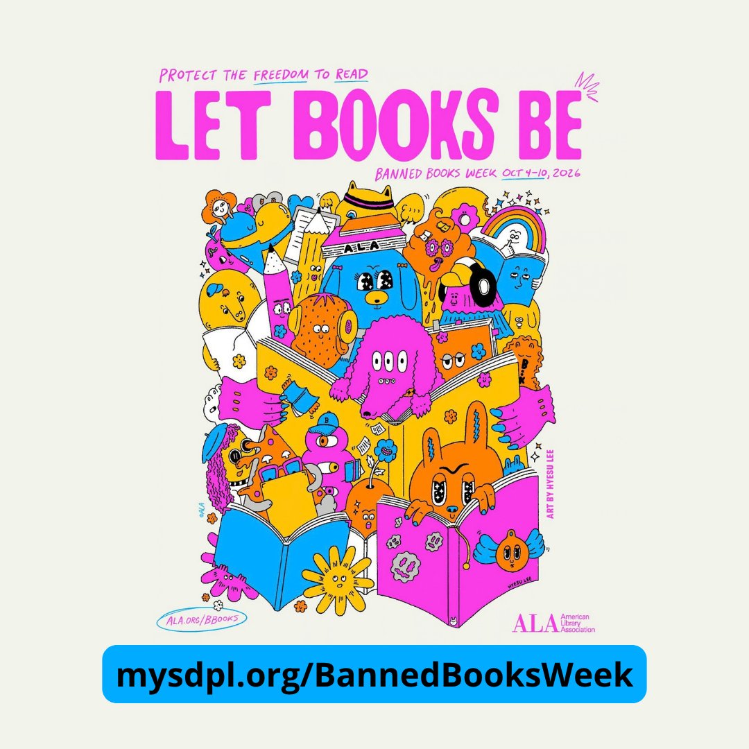 SDPublicLibrary's tweet photo. @ALALibrary has officially launched #BannedBooksWeek, an annual campaign spotlighting the harms of censorship. Come out and join the SDPL in celebrating the freedom to read!  https://t.co/S5Fg38Gqoy https://t.co/QB6RJEtDk6