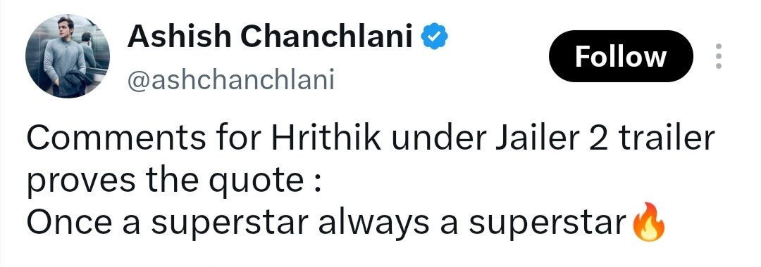 HrithikRoshan43's tweet photo. Respect For @ashchanchlani 📈📈
Once a Superstar always a Superstar 💥💥❤️‍🔥❤️‍🔥

@iHrithik Jag jao Sir 

#HrithikRoshan #Jailer2 @HrithikRules https://t.co/A0obPiezOR
