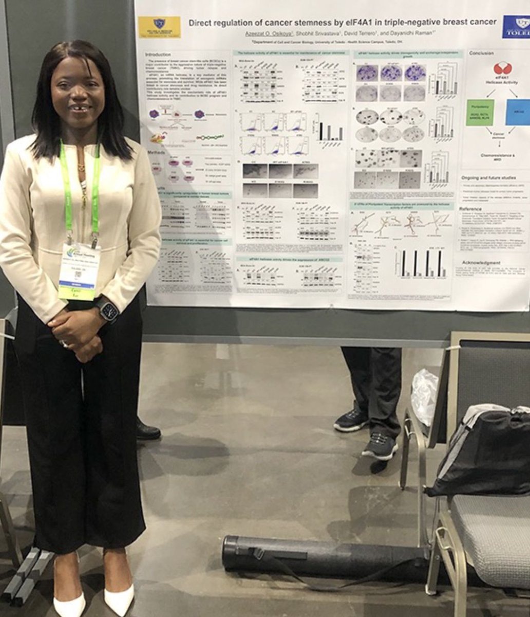 UToledoMed's tweet photo. Azeezat Osikoya, a Ph.D. candidate in the Cell and Cancer Biology department, presented her new findings on cancer stemness and chemotherapy resistance at the American Association for Cancer Research (AACR) Annual Meeting 2026, held earlier this year.
Congratulations, Azeezat! https://t.co/Feuo6KTXZW