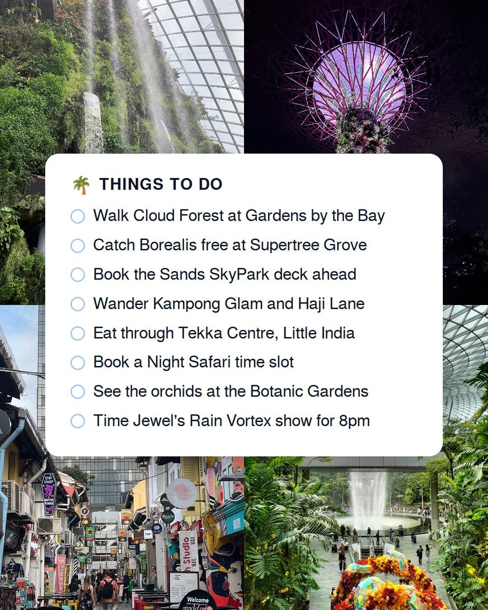 harroitsnum's tweet photo. The Ultimate Singapore Guide, saved in one place.

Stay, eat, do, drinks. Every spot open and bookable as of Sep 2026.

Tell NUM the dates and the chat plans the rest.

#Singapore #SingaporeTravel #TravelPlanning #NUM https://t.co/8tJrAhAV1i