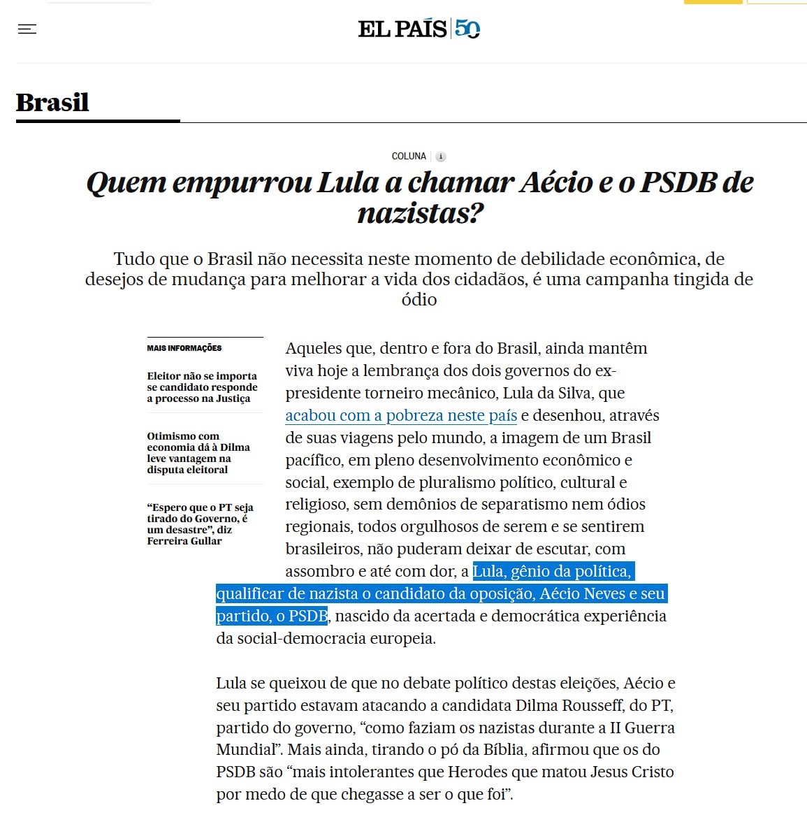 siegnant's tweet photo. Uma característica recorrente da militância PTista, e até de alguns de seus líderes (incluindo o próprio Lula) é não admitir legitimidade ao concorrente em um cenário democrático.

O concorrente do PT, não importa quem seja, em que situação, é sempre "extrema direita", "fascista", "nazista", "ameaça à democracia". Sempre. Ou seja, um adversário ilegítimo.

Restaria, portanto, a um eleitor interessado em salvaguardar a democracia, eleger o PT. E única e exclusivamente o PT, porque todos os outros são ilegítimos, são "fascistas" e "ameaçam a democracia".

Parece que quem não entendeu que democracia se faz com pluralidade, e inclusive ouvindo a voz dos derrotados após as eleições, e que por isso se porta de maneira pouco cordial (pra dizer o mínimo) ou até anti-democrática é o PT e muitos de seus militantes.