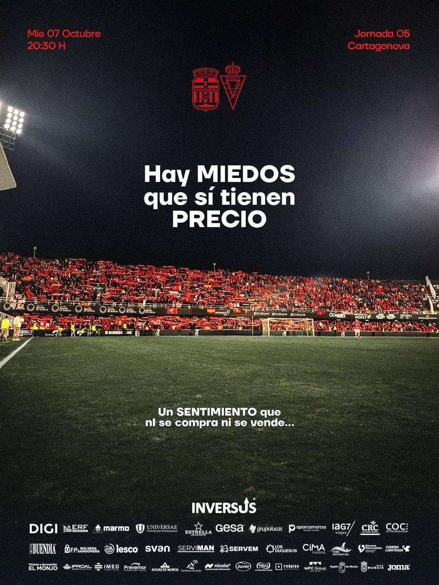 realmurciacfsad's tweet photo. CARTEL DIGITAL | Hay 𝐌𝐈𝐄𝐃𝐎𝐒 que sí tienen 𝐏𝐑𝐄𝐂𝐈𝐎.

J5 | @FCCartagena_efs - @realmurciacfsad miércoles 7 de octubre a las 20:30 horas Estadio Mpal. Cartagonova.

#CartagenaRealMurcia https://t.co/5q9h8yeDss