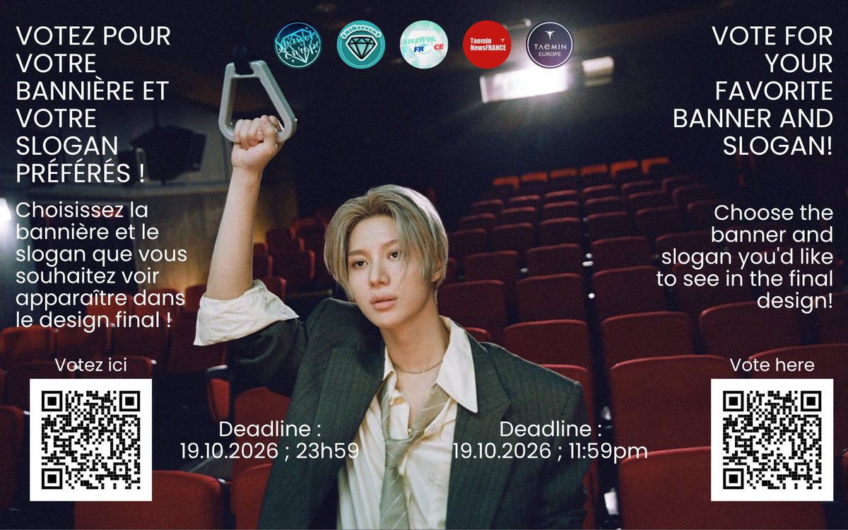 Shawol_France's tweet photo. 🗳️VOTEZ POUR VOTRE BANNIÈRE ET VOTRE SLOGAN PRÉFÉRÉS !

 🔗 https://t.co/ILgxvNlhqF

#TAEMINWORLDTOUR #TAEMIN_LiMiNaL_in_Paris #TAEMIN #TAEMININPARIS @ShawolsEurope @SHINeevent_fr @TaeminNews_FR @TaeminEurope https://t.co/F5oQ6KwM08