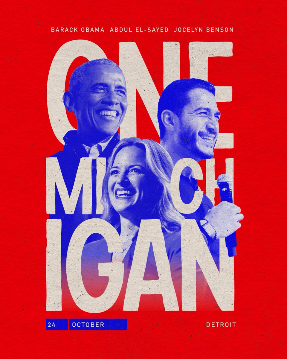 AbdulElSayed's tweet photo. It is my honor and privilege to announce that President @BarackObama is joining us on the trail in Detroit on Saturday, October 24.

Get. Ready. https://t.co/lEXRlxnu7P