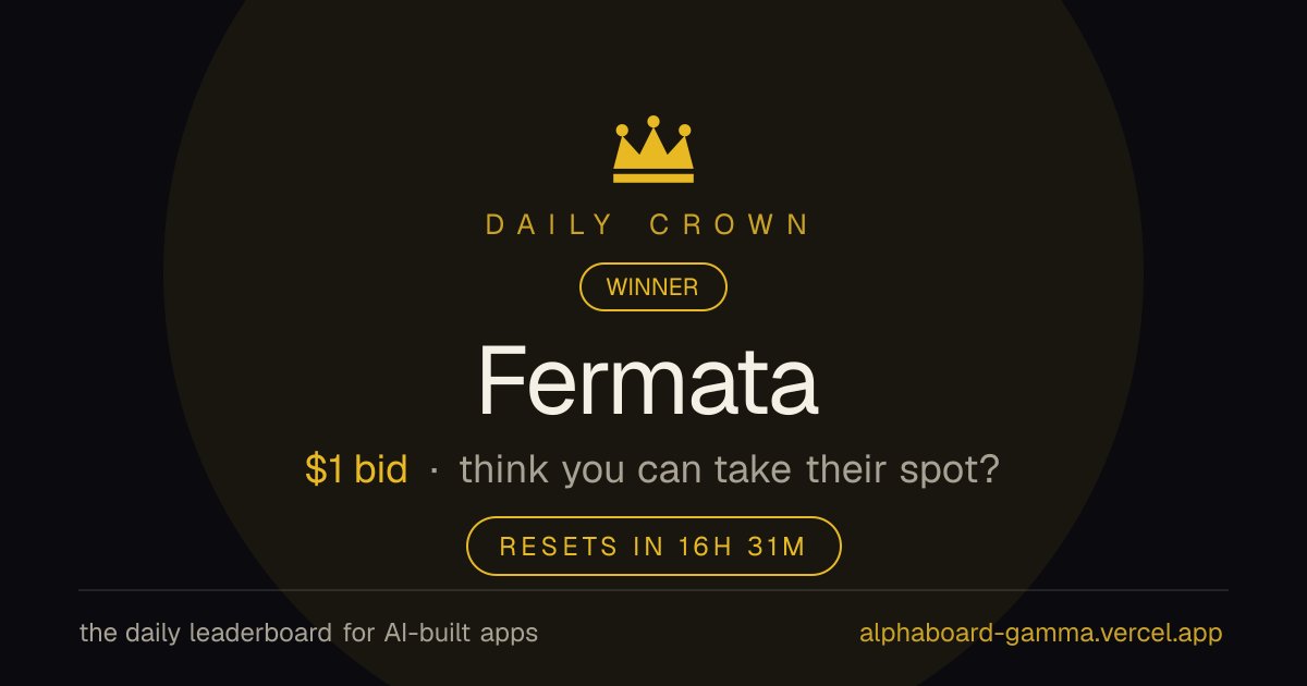 Nickbman's tweet photo. 🏆 Yesterday's AlphaBoard winner: Fermata, bid $1 for #1. Today's board is live. $5 takes the top spot. https://t.co/Sy0Bts7VQF https://t.co/SMymGRcqIs