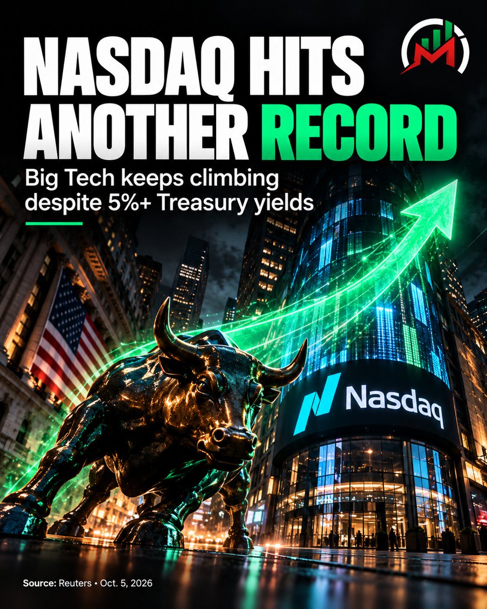 Market_Instinct's tweet photo. Nasdaq has hit another record high — even with U.S. Treasury yields still above 5%.
That’s unusual pressure for growth stocks, but Big Tech keeps climbing.
Can AI and earnings growth keep overpowering higher rates?
Source: Reuters
#Nasdaq #BigTech https://t.co/63bzNHkAiP