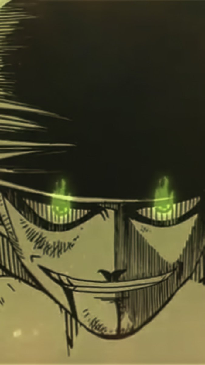 An anime-style illustration featuring a close-up of a sinister character with glowing green eyes and an unsettling grin, rendered in dark sketchy lines.