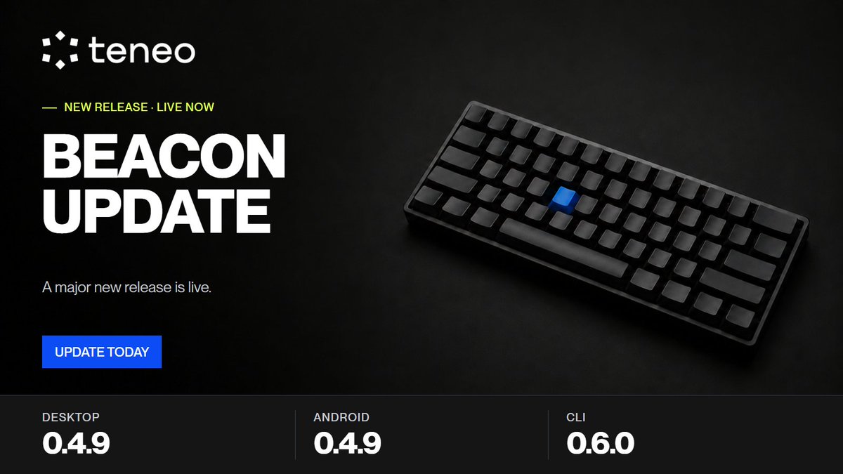 teneo_protocol's tweet photo. A major new Beacon release is live on all platforms 🚀

- Desktop 0.4.9 
- Android 0.4.9 
- CLI 0.6.0

Massive technical improvements under the hood, with more coming soon that build on this version. A big step forward. 

Don't get left behind!

Everything we ship next depends on this release. 

Older versions are being phased out step by step, and outdated Beacons will stop earning at some point. 

Nothing you've already earned is lost.

Seeing "update required"? That's expected, not a bug. One tap installs the update and restarts your Beacon.

Update today. It takes under a minute:

- Desktop: tap the update screen
- Android: update in Google Play
- CLI: re-run the install script
