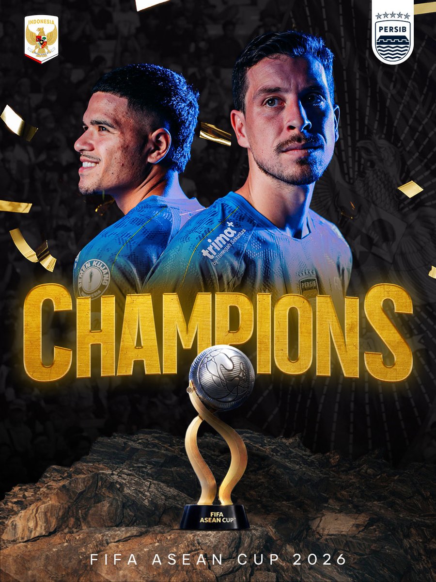 persib's tweet photo. CONGRATULATIONS, CHAMPIONS! 🏆🇮🇩

Perjuangan panjang berbuah manis. Indonesia menjadi juara FIFA ASEAN Cup 2026!

Bangga untuk setiap perjuangan, setiap tetes keringat, dan setiap langkah yang membawa Merah Putih menuju puncak.

Selamat, Garuda! Terus terbang lebih tinggi! 🦅🇮🇩

#LivesInsideUs #ManahJeungGetihna #KitaGaruda
