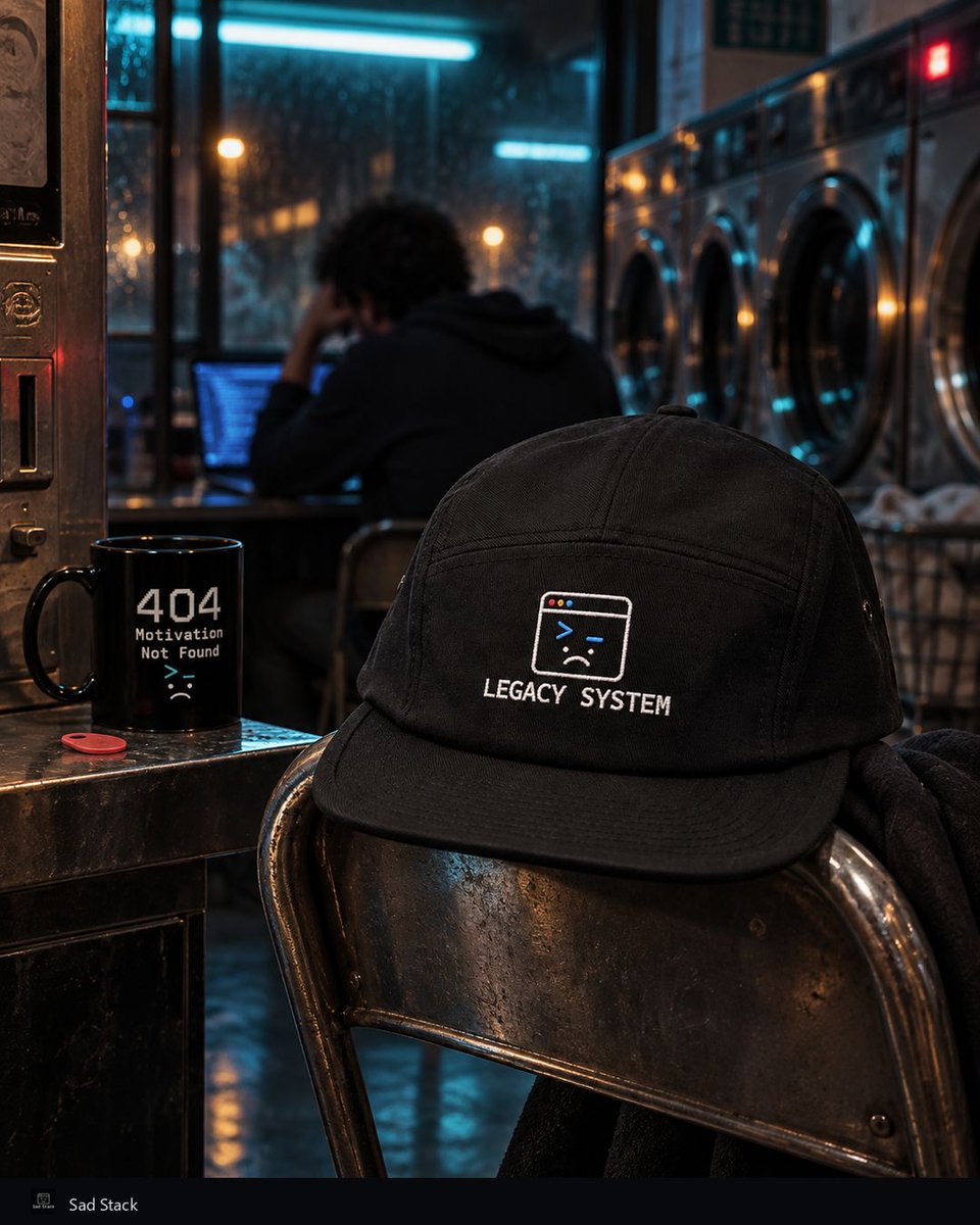 SadStackDev's tweet photo. Somewhere between the spin cycle and production, the hotfix went missing. The cap stayed on-call. The coffee filed a 404. #DevHumor #CodingGift https://t.co/X8LBeQh4LA