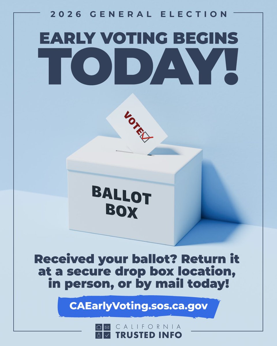 CASOSVote's tweet photo. Early voting begins TODAY! Received your ballot? Drop it off at a secure drop box location, in person, or return it by mail! If you mail your ballot, we recommend mailing it back as soon as possible, or at least 7 days before Election Day to avoid any potential postal delays. https://t.co/SsXPjjc63F