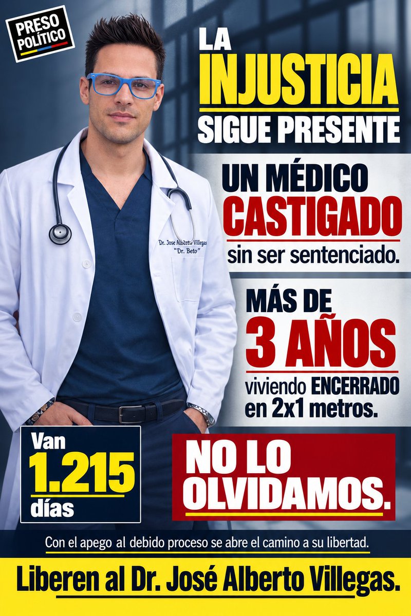JoseAVJLibertad's tweet photo. 1.215 DÍAS CONFINADO EN UN AREA DE 2X1 METROS.

UN MÉDICO CASTIGADO sin ser sentenciado.

MÁS DE 3 AÑOS viviendo ENCERRADO en 2x1 metros

En DIOS confiamos.

#Liberenalospresospoliticos

@Migue1Caro
@Naky
@LuisCarlos https://t.co/L9JsU5gDuW