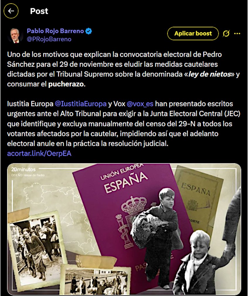 PRojoBarreno's tweet photo. Desvelada una de las tretas de Pedro el Fraudillo (hay otras más que perpetrara confabulado con la Diputación Permanente del Congreso donde tiene mayoría) que le han llevado a convocar las elecciones generales el 29 de noviembre. Consiste en eludir las medidas cautelares dictadas por el Tribunal Supremo sobre la denominada «ley de nietos» y tratar consumar el pucherazo.