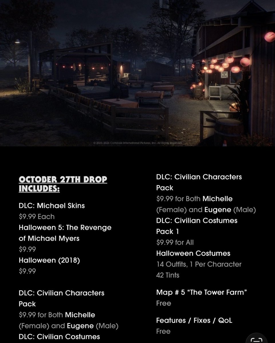 HalloweenVerse's tweet photo. 🎃 Big content drop coming to Halloween: The Game on October 27!

🔪 Halloween 5 Michael Myers
🔪 Halloween (2018) Michael Myers
👥 Michelle &amp; Eugene civilian characters
🎃 14 Halloween costumes / 42 tints
🗺️ NEW Tower Farm map — FREE
🛠️ Features, fixes &amp; QoL updates — FREE https://t.co/7RFE3npnTi